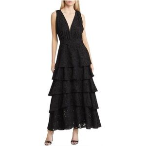 Dark Romantic Gothic Black Lace Tiered Maxi Dress Sleeveless V Neck XL